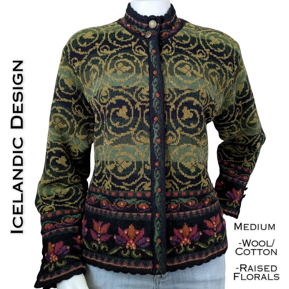 Icelandic Design Knit Wool Cotton Jacket Medium Green Colorful Raised Floral VTG